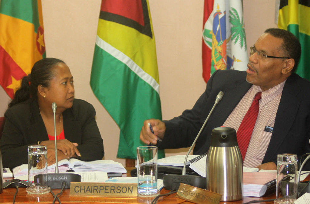 CARICOM ASG, Trade and Economic Integration, Mr. Joseph Cox, makes a point to chair of the Meeting of Officials, Ms. Yvette Rokadji, Deputy Director, Ministry of Trade and Industry of Suriname. 
