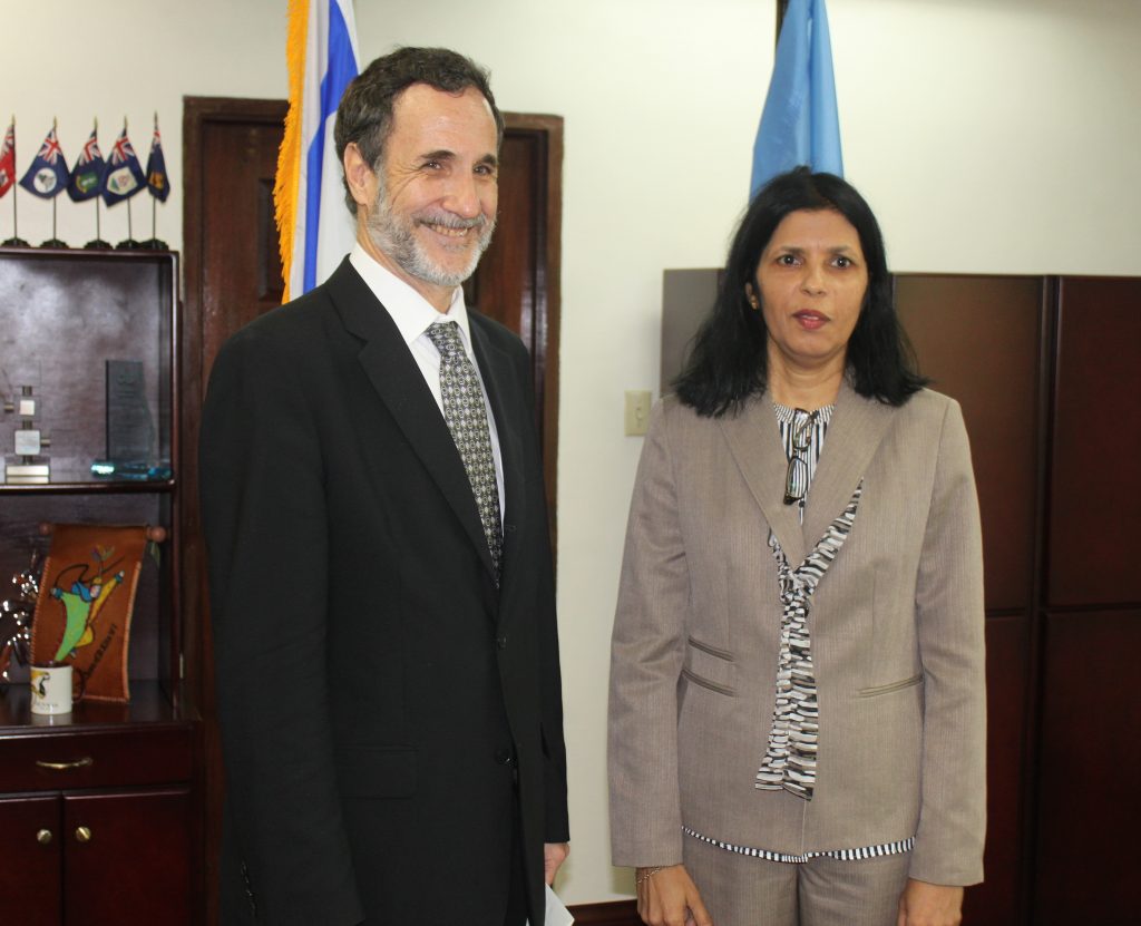 Plenipotentiary Representative of Israel to CARICOM, His Excellency Mordehai Amihai-Bivas and Deputy Secretary-General of CARICOM, Ambassador Manorma Soeknandan (PhD), who received his letter of credence, acting on behalf of the Secretary-General, Ambassador Irwin LaRocque, on Thursday, 25 February 2016.