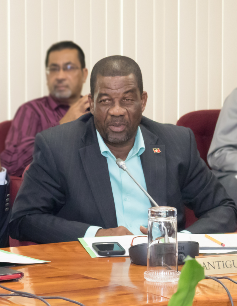 Minister of Agriculture, Lands, Fisheries and Barbuda Affairs of Antigua and Barbuda, the HOn. Arthur Nibbs, briefs his colleagues at the 71st Special Meeting of COTED on Agriculture