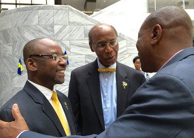 Culture Minister, Stephen Lashley being met by President of the Coalition, Tony Alleyne while at centre is Barbados' Honorary Counsul to Atlanta, Dr. Edward Layne. (Photo by GP via BGIS)