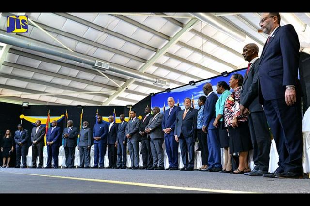 Prime Minister, the Most Hon. Andrew Holness (10th left) and other regional leaders at the opening ceremony of the 38th Regular Meeting of Heads of Government of CARICOM at the Grenada Trade Centre, Grand Anse, St. George’s, on July 4. (Photo via JIS)