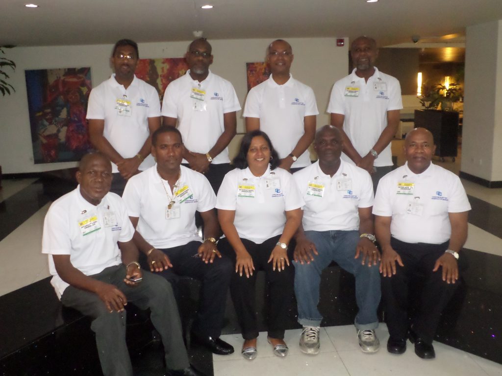 CARICOM Observers in Suriname: Standing, back row, from left: Devanand Persaud; Glendon Bennett; Brian Bellevue (Deputy Programme Manager, Foreign and Community Relations, CARICOM Secretariat); Ian Browne (Chief of Mission). Sitting, front Row, from left: Henry George; Michael Flood; Barrette Woodye; Anthony Greaves; Sherlyn Hall