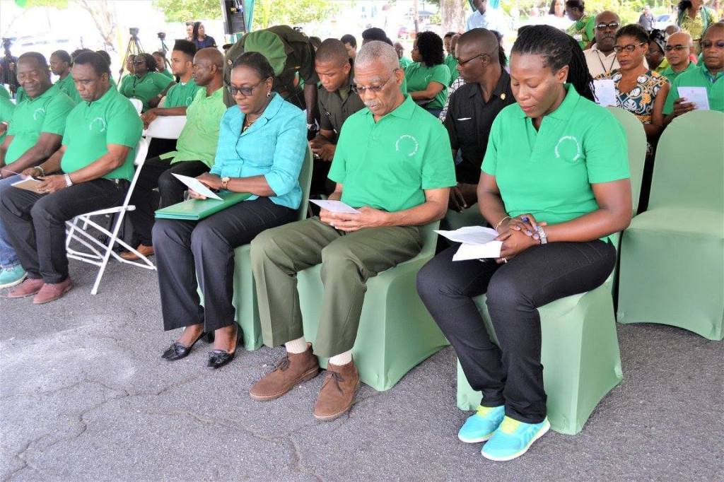 Dr. Therese Yarde, Project Coordinator, Caribbean Hub Capacity Building related to Implementation of Multilateral Environmental Agreements,(third row, second from right) at the Earth Day ceremony in Guyana on 21 April, 2017.  She joined President of Guyana, His Excellency David Granger, Chairman of CARICOM (front row, second from right), Minister of Education Sport and Culture, the Hon.  Nicolette Henry (front row, third from right) and others for the ceremony at Independence Park in Georgetown. (Ministry of the Presidency photo)