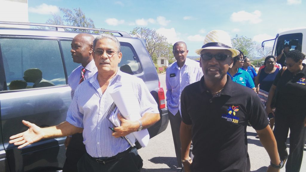 Minister of Culture, Stephen Lashley, and Consultant Architect for the CARIFESTA XIII renovations and building projects, Michael Lashley, lead the tour of several CARIFESTA XIII locations. (Photo by Weekes via BGIS)