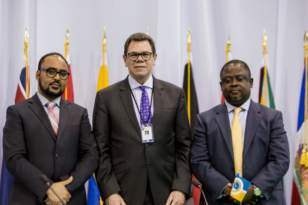 From left: Anthony Isaac, CEO, CCRIF SPC; Dr. William Warren Smith, President, CDB and Malcolm Buamah, Chief Risk Officer, CDB after launching the Integrated Sovereign Risk Management in the Caribbean Project in Providenciales on May 25, 2017. (Photo via CDB)