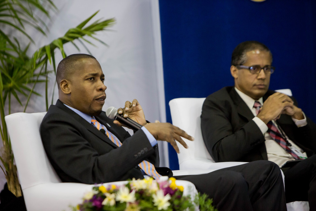 Timothy Antoine, Governor, Eastern Caribbean Central Bank, making a point during the panel discussion on May 24, 2017. (Photo via CDB)