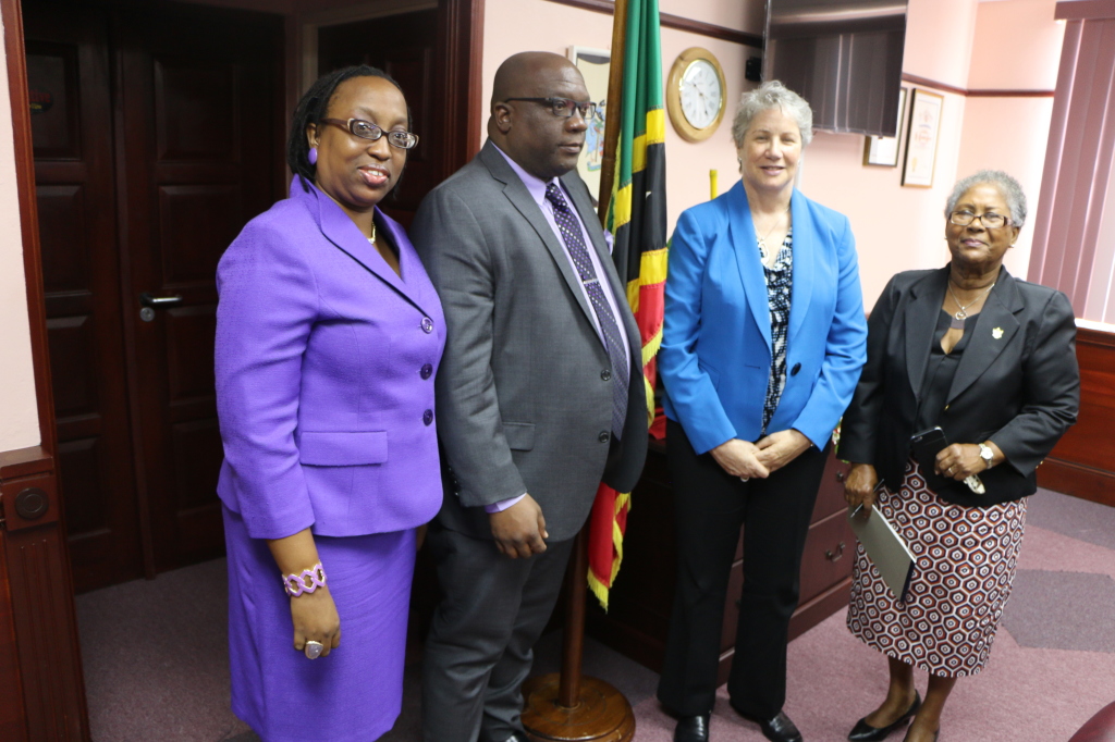 (L-R) Dr. Lois Parkes, Regional Project Manager, Prime Minister Dr. the Honourable Timothy Harris,Project Director Colleen Rossiter, who works at the Canada School of Public Service and Cabinet Secretary Josephine Huggins. (Photo via SKNIS)