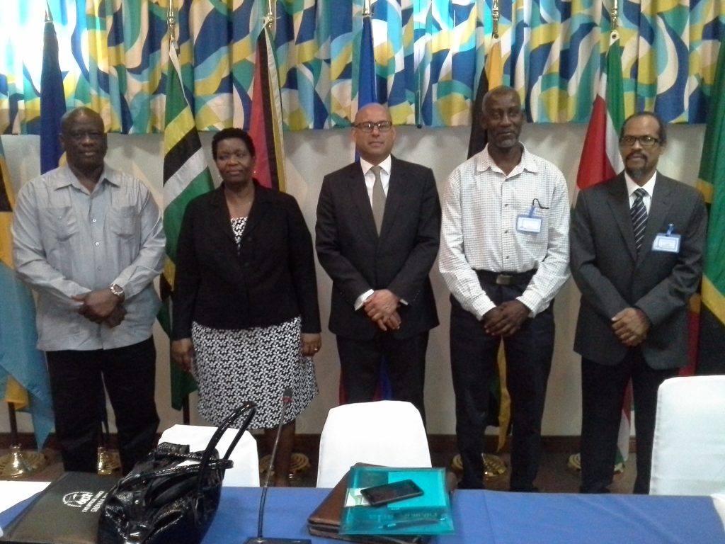 From left to right: Justin Rennie, Chief Fisheries Officer, Grenada; Mrs. Marilyn Austin-Cadore, Permanent Secretary, Ministry of Agriculture, Lands, Forestry, Fisheries and the Environment of Grenada; Hon. Simon Steele, Senator & Parliamentary Secretary, Ministry of Agriculture, Lands, Forestry, Fisheries and the Environment of Grenada; Andrew Magloire, Chief Fisheries Officer, Dominica; and Milton Haughton, CRFM Executive Director. (Photo via CRFM)