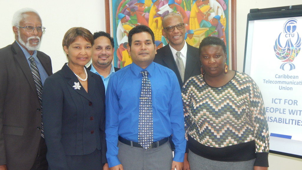 From left: Mr. Selby Wilson, CTU Telecommunications Strategist, Ms. Bernadette Lewis, Secretary General of the CTU, Mr. Bryan Rodrigues and Mr. Kerryn Gunness, deaf and partially blind facilitators of the CTU's ICT for People with Disabilities (ICT4PWDs) Workshops, Mr. Trevor Prevatt, CTU Consultant, and Ms. Kimone Elvin, Deaf participant.