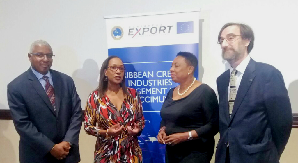 Officials chat during the stakeholder consultation on the establishment of the CCIMU in Jamaica on April 12, 2016. From left are: Edward Greene, Division Chief, Technical Cooperation Division, CDB; Pamela Coke-Hamilton, Executive Director, Caribbean Export; Hon. Olivia Grange, Minister of Culture, Gender, Entertainment and Sport, Jamaica; and Mr Jesús Orús Báguena, Chargé D’ Affaires a.i., Acting Head of Delegation of the European Union to Jamaica, Belize, The Bahamas, Turks & Caicos Islands and Cayman Islands. 