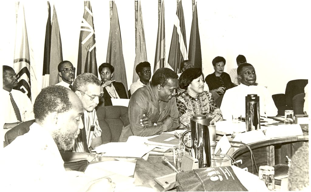 Dr. Carla Barnett, then CARICOM Deputy Secretary-General, is flanked by CARICOM Secretary-General Sir Edwin Carrington (left) and the Hon. Carl Greenidge, then Minister of Finance, Guyana (right). (CARICOM Secretariat File Photo)