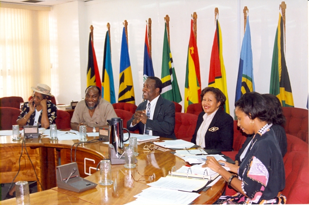 Dr. Carla Barnett, fourth from left, in her capacity as Deputy Secretary-General attends a Community Meeting at the CARICOM Secretariat in Georgetown, Guyana. Also in photograph are, from left, Ms Desiree Field-Ridley, Adviser, Single Market and Sectoral Programmes, Mr. Byron Blake, then Assistant Secretary-General, Trade and Economic Integration, Sir Edwin Carrington, then CARICOM Secretary-General, and Ms. Glenda Itiaba, Chef de Cabinet, Office of the Secretary-General, CARICOM Secretariat. (CARICOM Secretariat file photo)