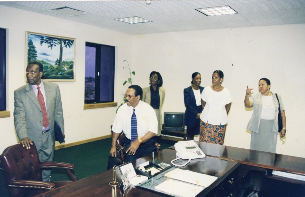 Then Deputy Secretary-General Dr. Carla Barnett makes a point to senior staff members of the CARICOM Secretariat including CARICOM Secretary-General Sir Edwin Carrington, Assistant Secretary-General Human and Social Development, Dr. Edward Greene and Chef de Cabinet, Office of the Secretary-General, CARICOM Secretariat, Ms Glenda Itiaba. (CARICOM Secretariat File Photo)