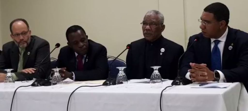 Prime Minister of Grenada, Dr. the Rt. Hon. Keith Mitchell (second from left) announcing the approval of the ICT Integrated Work Plan and Budget. Also in photograph are, from left, CARICOM Secretary-General, Ambassador Irwin LaRocque, President of Guyana, His Excellency David Granger and Prime Minister of Jamaica, the Hon. Andrew Holness