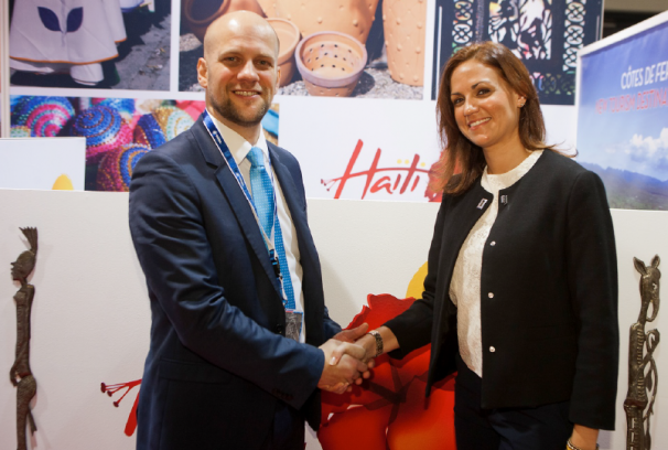 Mr Jeurgen Gevers, General Manager, AVIAREPS Tourism Gmbh and Stephanie B. Villedrouin, Minister of Tourism and Creative Industries, Haiti (Photo via Carib Export)