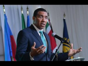 Prime Minister Andrew Holness addressing the IMF High Level Caribbean Forum yesterday.