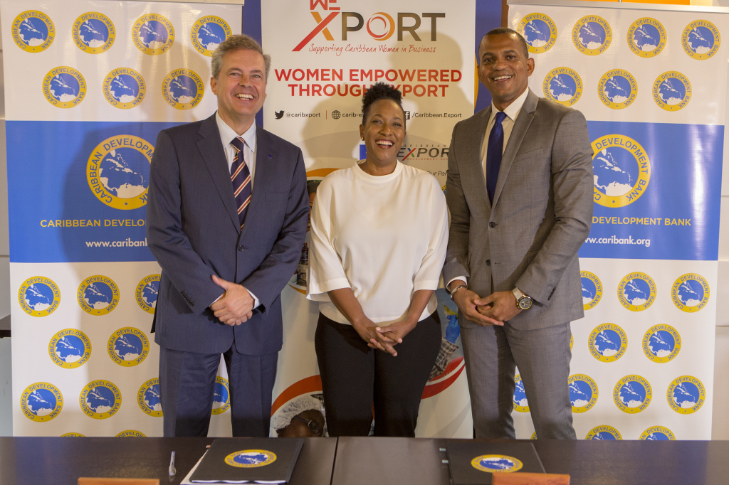 From left: Luis Maia, Head of Cooperation at the EU Delegation to Barbados, the Eastern Caribbean States, the OECS and CARICOM/CARIFORUM; Pamela Coke Hamilton, Executive Director, Caribbean Export and Daniel Best, Director of Projects, CDB