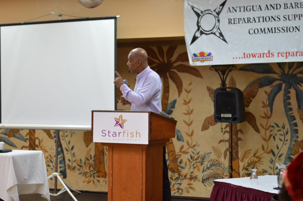 Chairman of the CARICOM Reparations  Commission Professor Sir Hilary Beckles speaking at a symposium on “Western Banking, Colonialism and Reparations.”  at the Jolly Beach Hotel in Antigua and Barbuda  